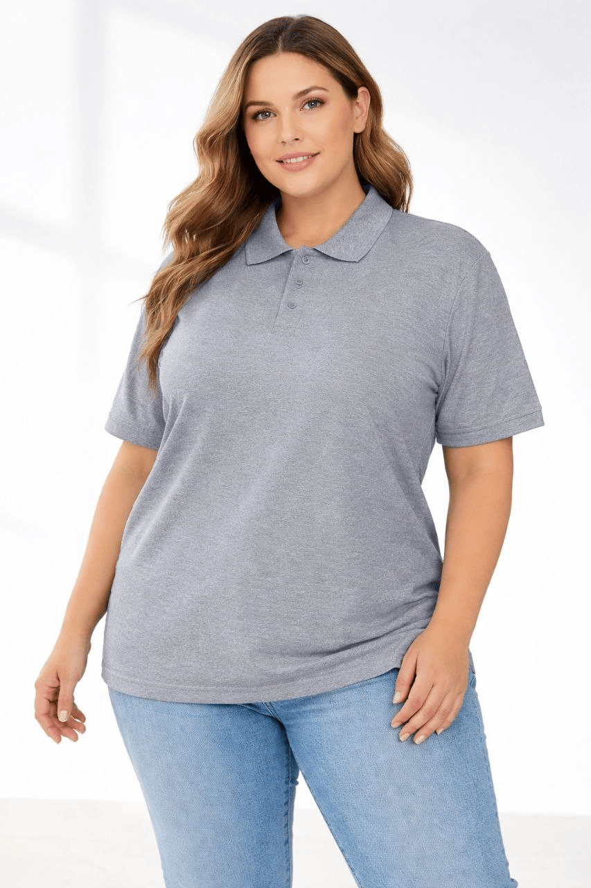 Kadın Battal Beden Tişört Polo Yaka Pike Kumaş Kısa Kol T-Shirt - Gri