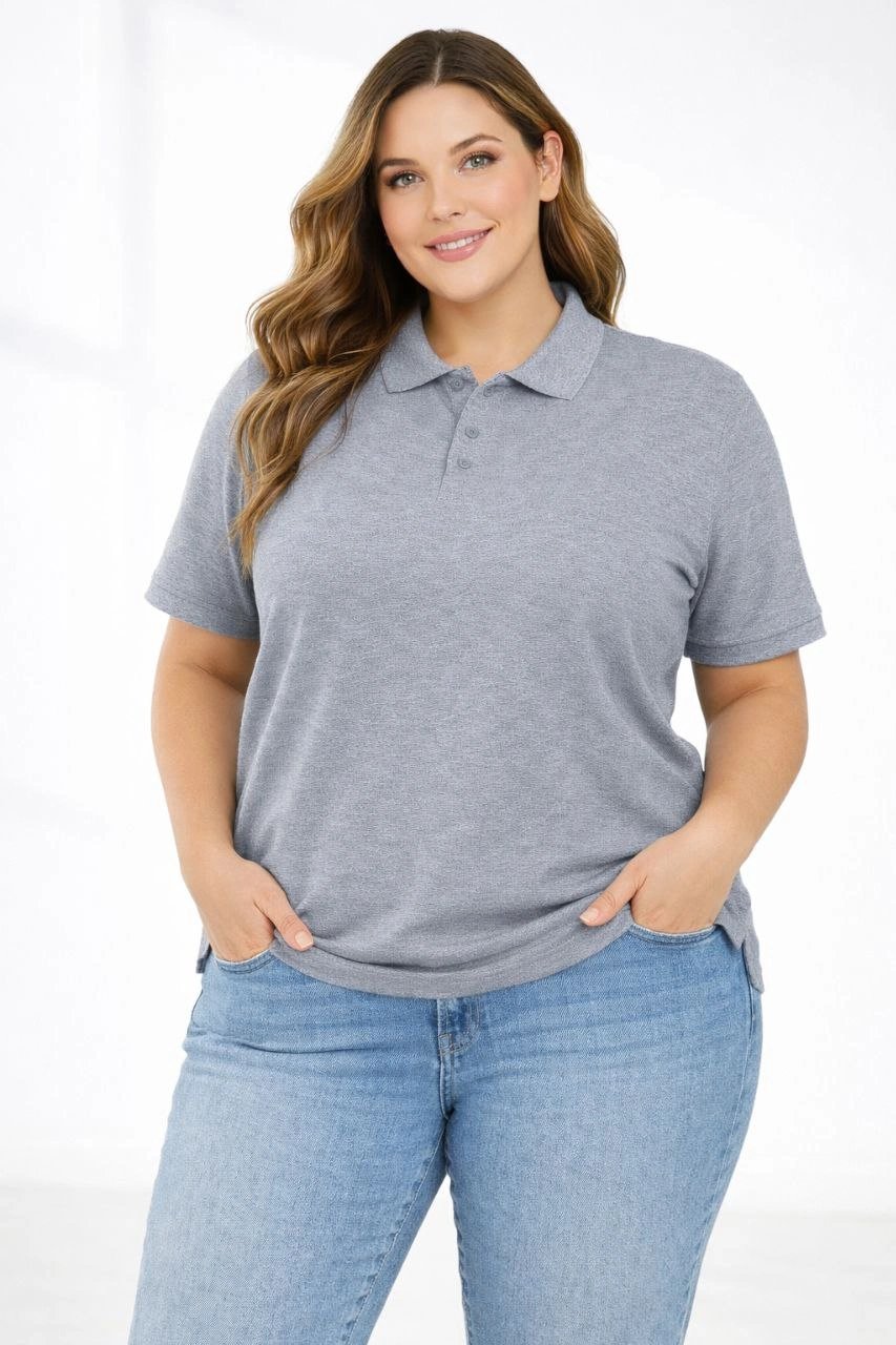 Kadın Battal Beden Tişört Polo Yaka Pike Kumaş Kısa Kol T-Shirt - Gri