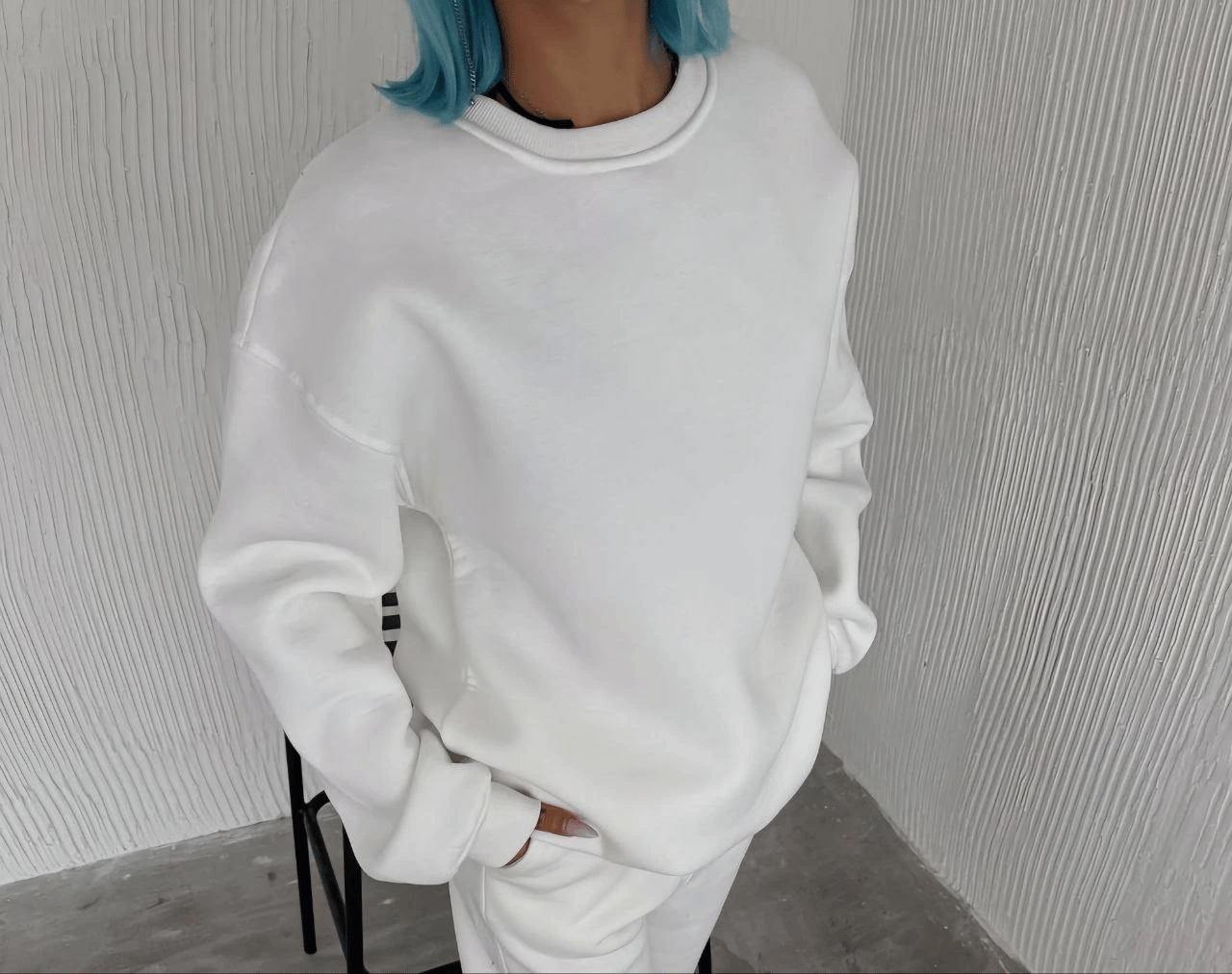 Kadın Bisiklet Yaka 3 İplik Pamuklu Basic SweatShirt - Beyaz