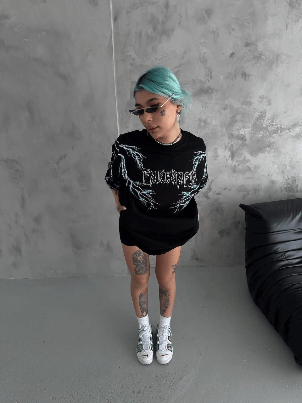 Kadın Bisiklet Yaka Baskılı  Kısa kol Oversize T-Shirt - Siyah