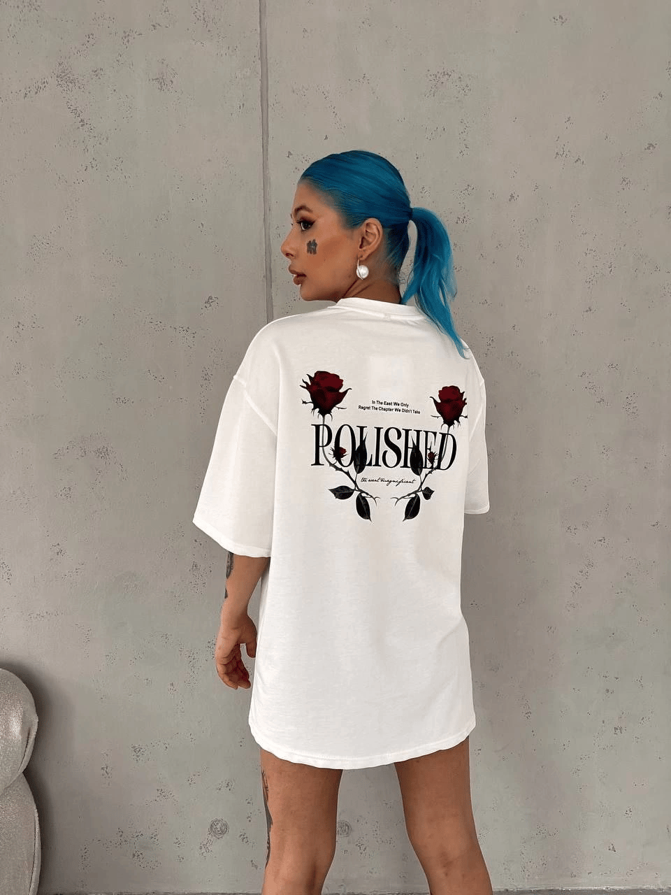 Kadın Bisiklet Yaka Baskılı Kısa kol Oversize T-Shirt - Beyaz