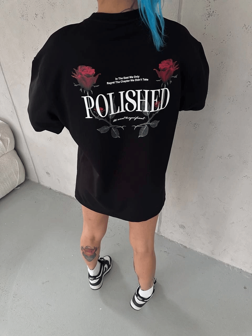 Kadın Bisiklet Yaka Baskılı kısa kol Oversize T-Shirt - Siyah