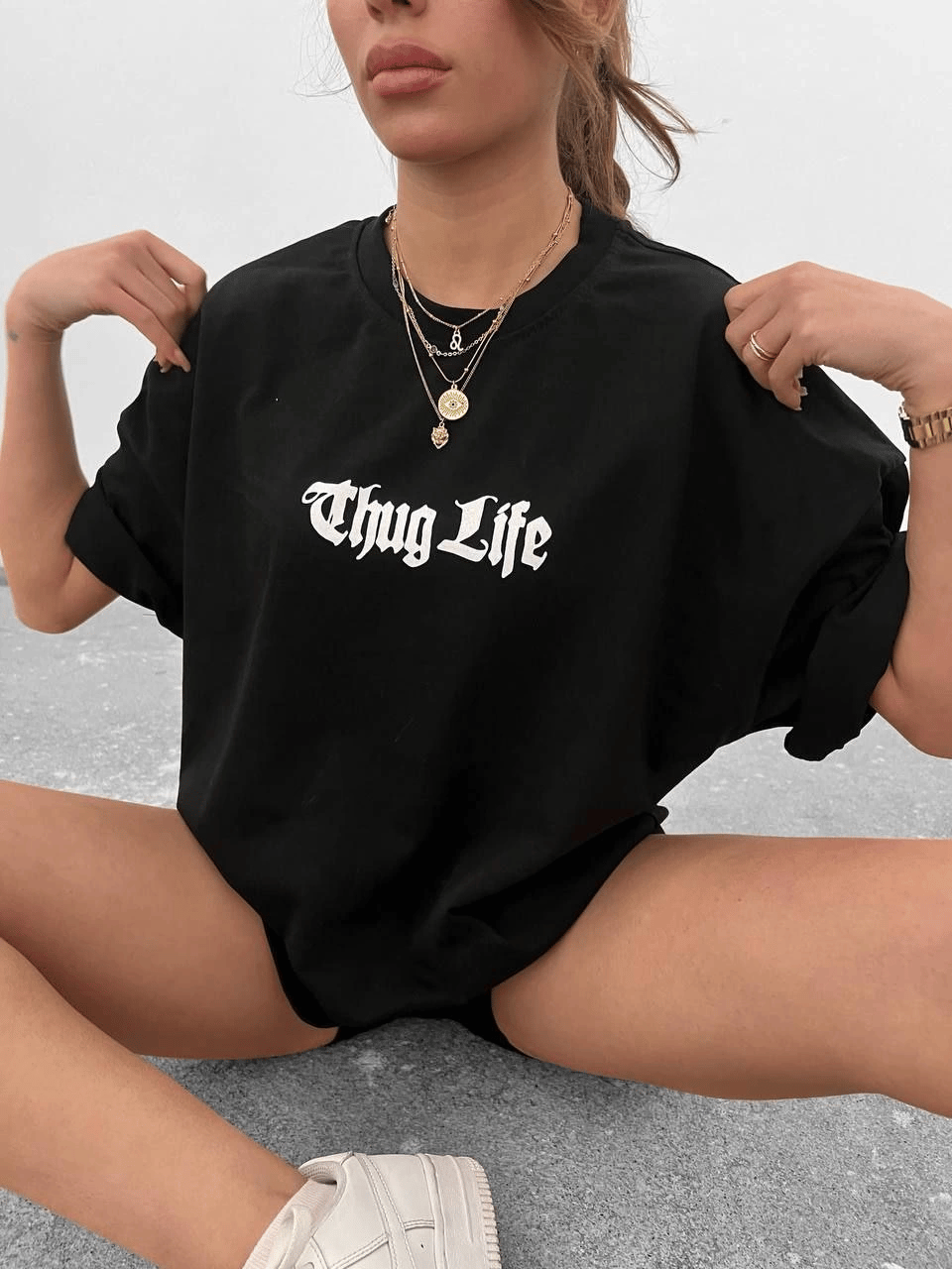 Kadın Bisiklet Yaka Baskılı Oversize  Kısa kol T-Shirt - Siyah