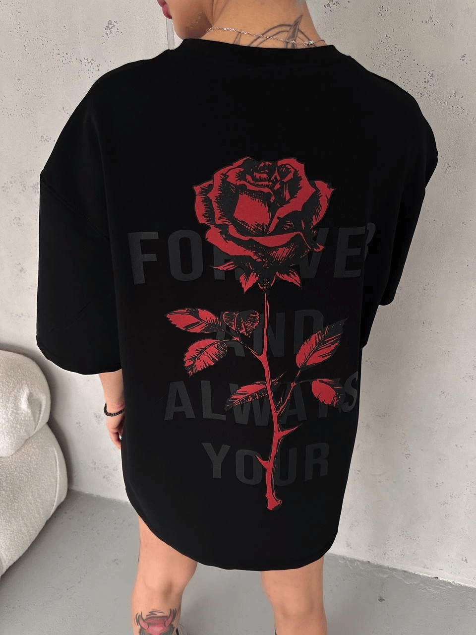 kadın Bisiklet Yaka Baskılı Oversize  Kısa kol T-Shirt - Siyah