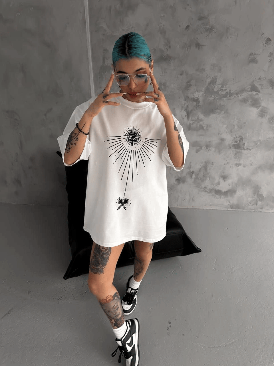 kadın Bisiklet Yaka Baskılı Oversize  Kısa kol T-Shirt - Beyaz