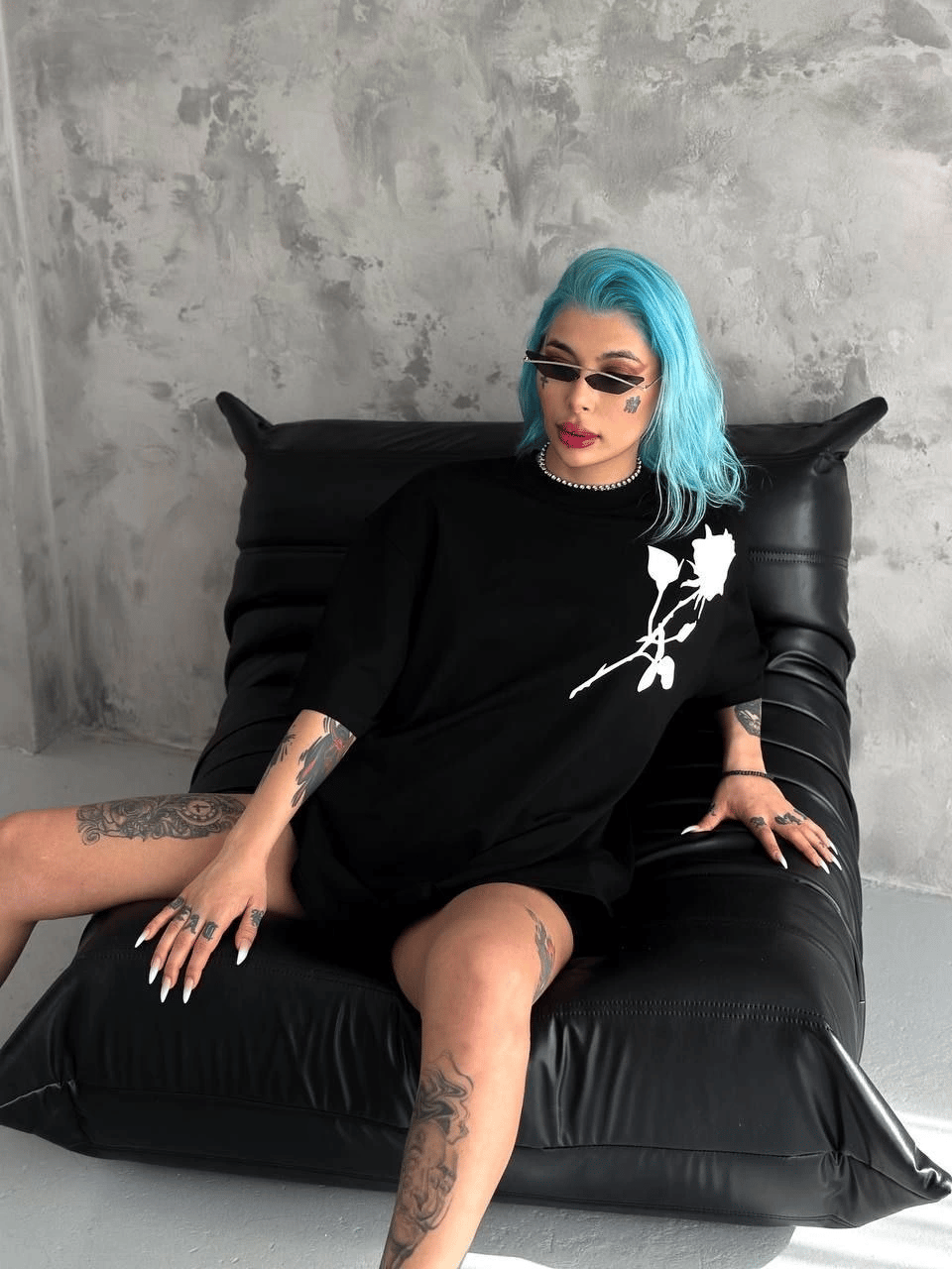 kadın Bisiklet Yaka Baskılı Oversize  Kısa kol T-Shirt - Siyah