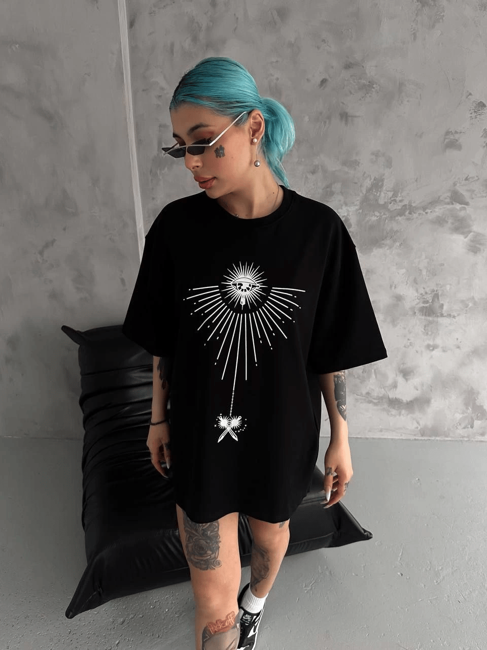 kadın Bisiklet Yaka Baskılı Oversize  Kısa kol T-Shirt - Siyah
