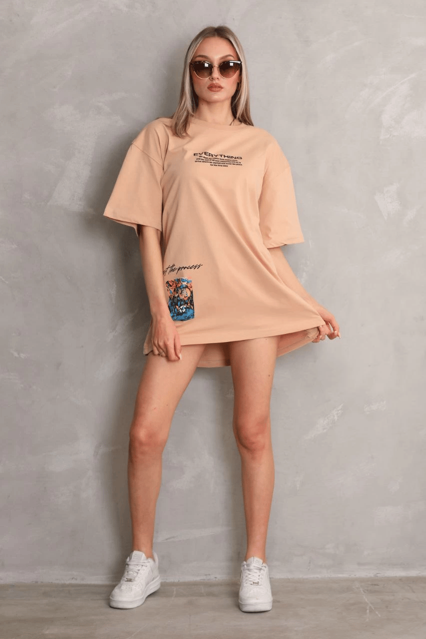 kadın Bisiklet Yaka Baskılı Oversize Kısa kol T-Shirt - Bej