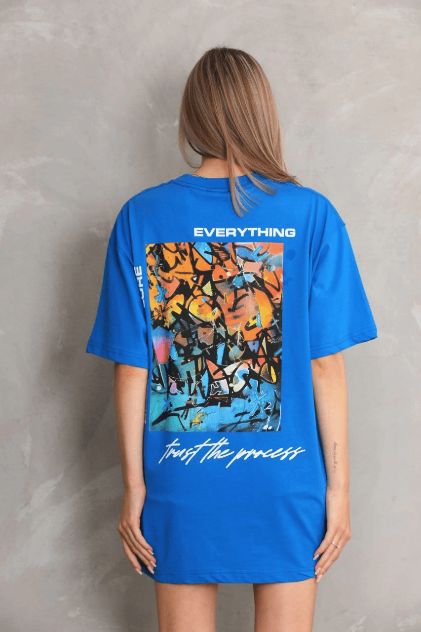kadın Bisiklet Yaka Baskılı Oversize T-Shirt - Mavi