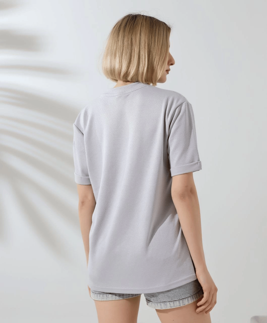 Kadın Bisiklet Yaka Baskılı Slim Fit T-Shirt - Boyalı Gri