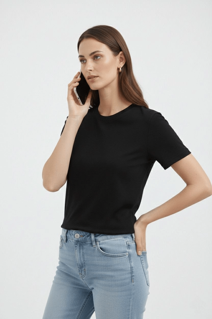 Kadın Bisiklet Yaka Yazlık Kısa kol Düz Tişört Regular Kalıp T-shirt - Siyah