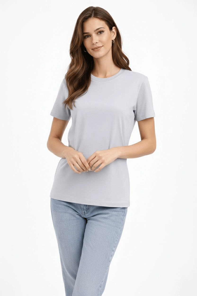 Kadın Bisiklet Yaka Yazlık Kısa kol Düz Tişört Regular Kalıp T-shirt - Gri