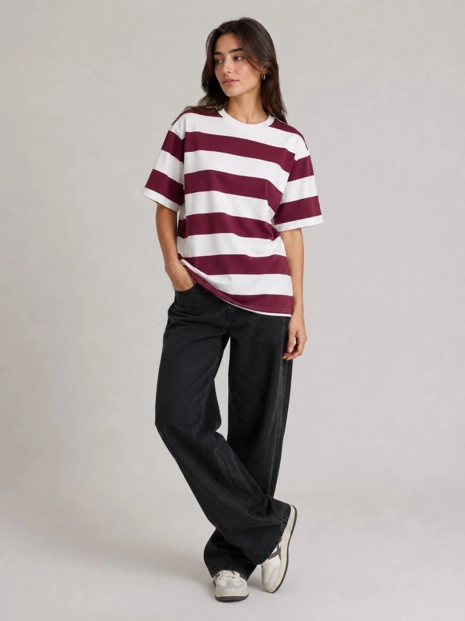 Kadın Çizgili Oversize Tişört Bisiklet Yaka Kısa Kol Yazlık T-Shirt - Bordo