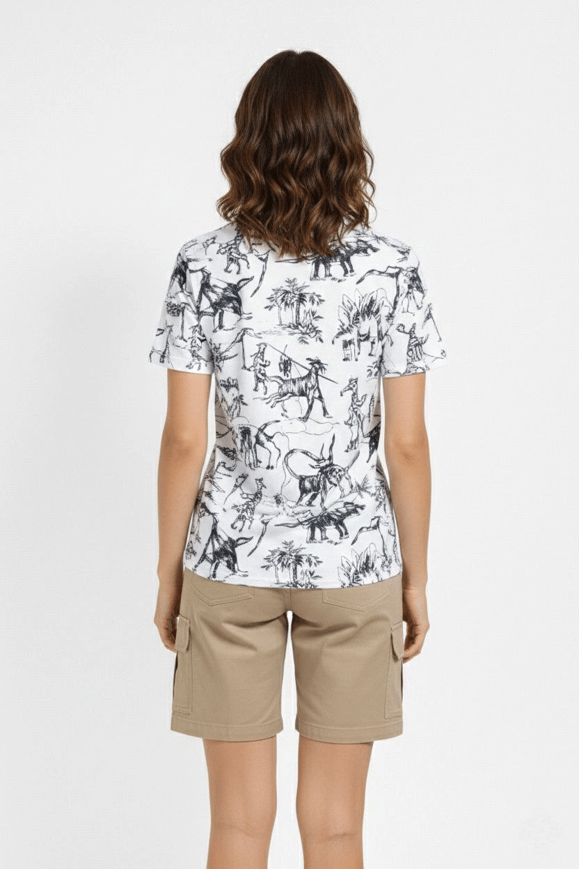 Kadın Dinozor Dijıtal ön ve arka Baskılı Tişört Bisiklet Yaka T-Shirt - Beyaz