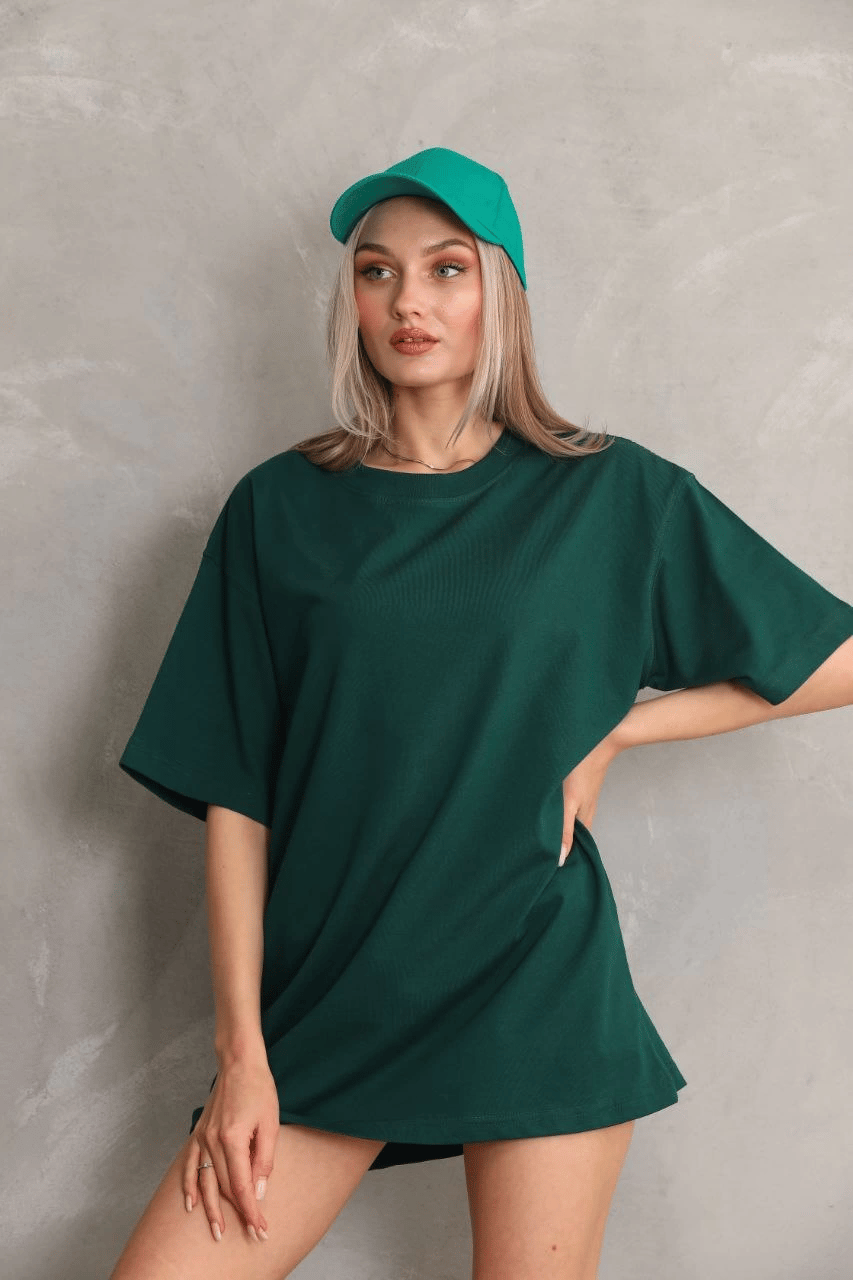 Kadın Düz  Kısa kol Penye T-shirt- Yeşil