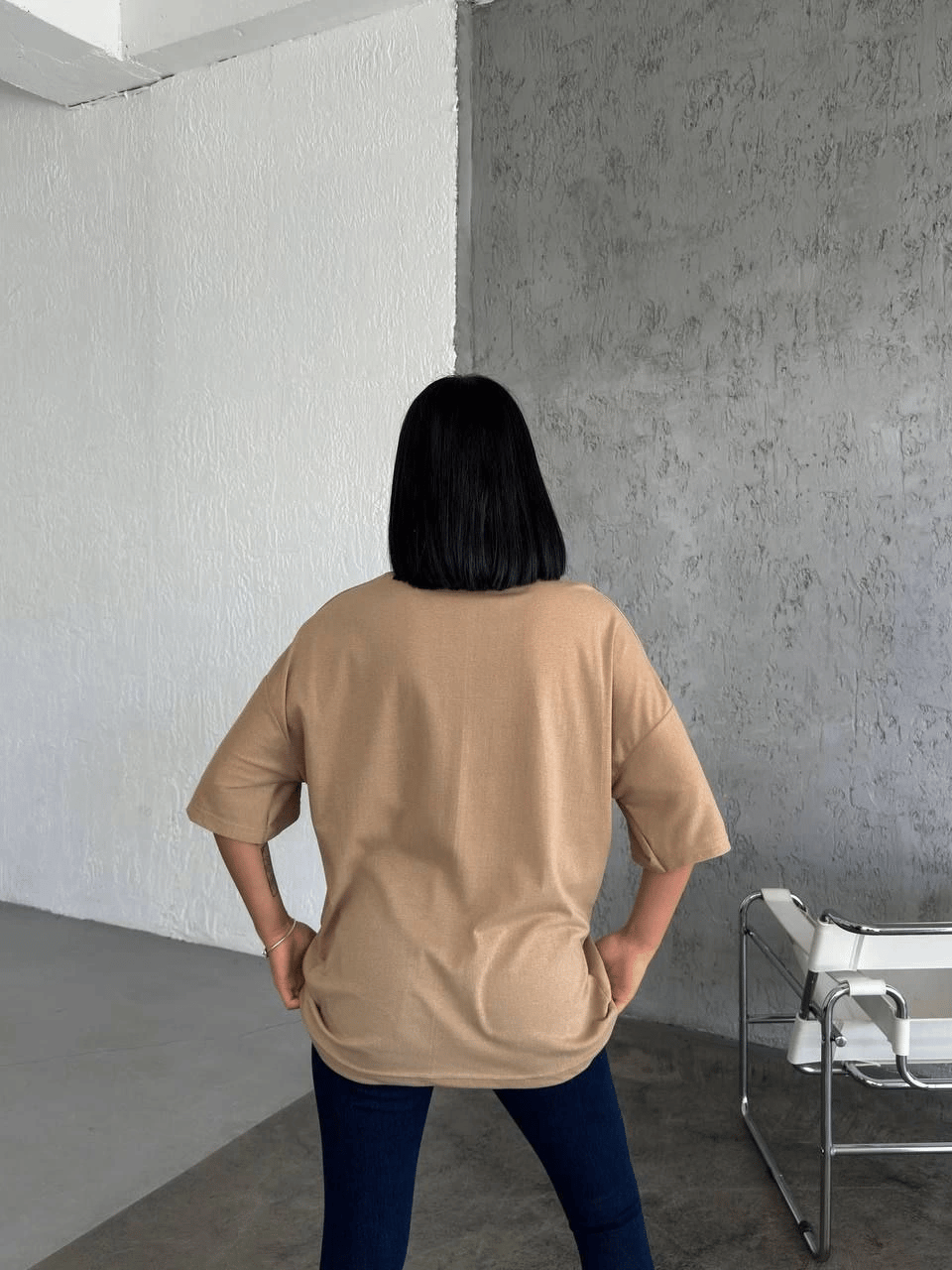 Kadın Düz T-Shirt Kısa Kol Bisiklet Yaka Oversize Rahat Kalıp Günlük Tişört - Bej