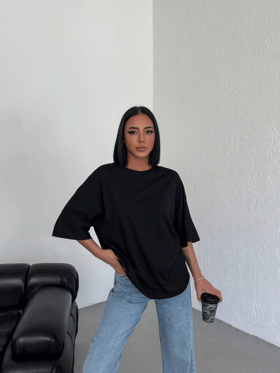 Kadın Düz T-Shirt Kısa Kol Bisiklet Yaka Oversize Tişört - Siyah