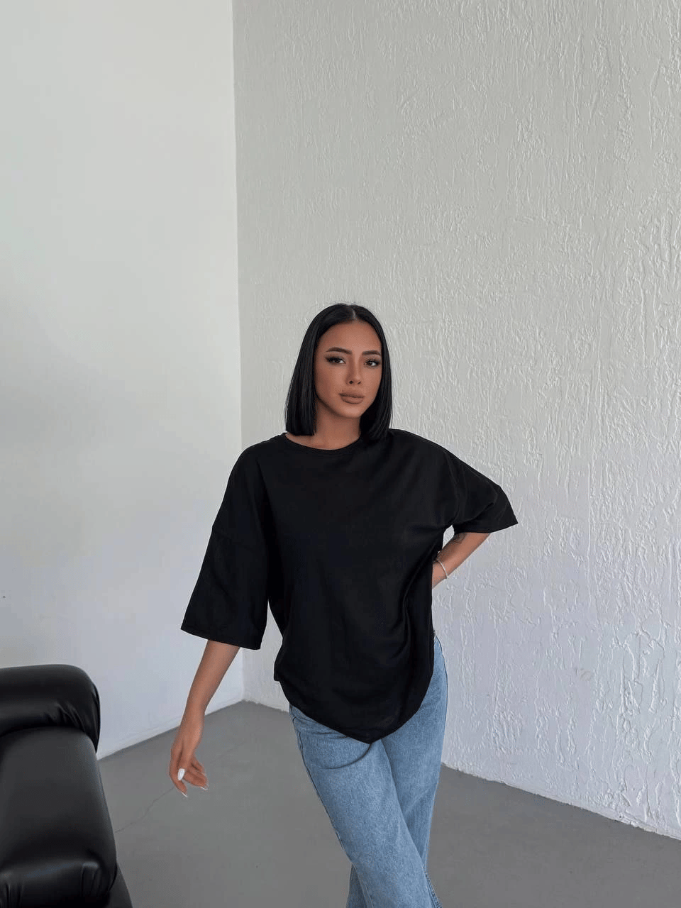 Kadın Düz T-Shirt Kısa Kol Bisiklet Yaka Oversize Tişört - Siyah