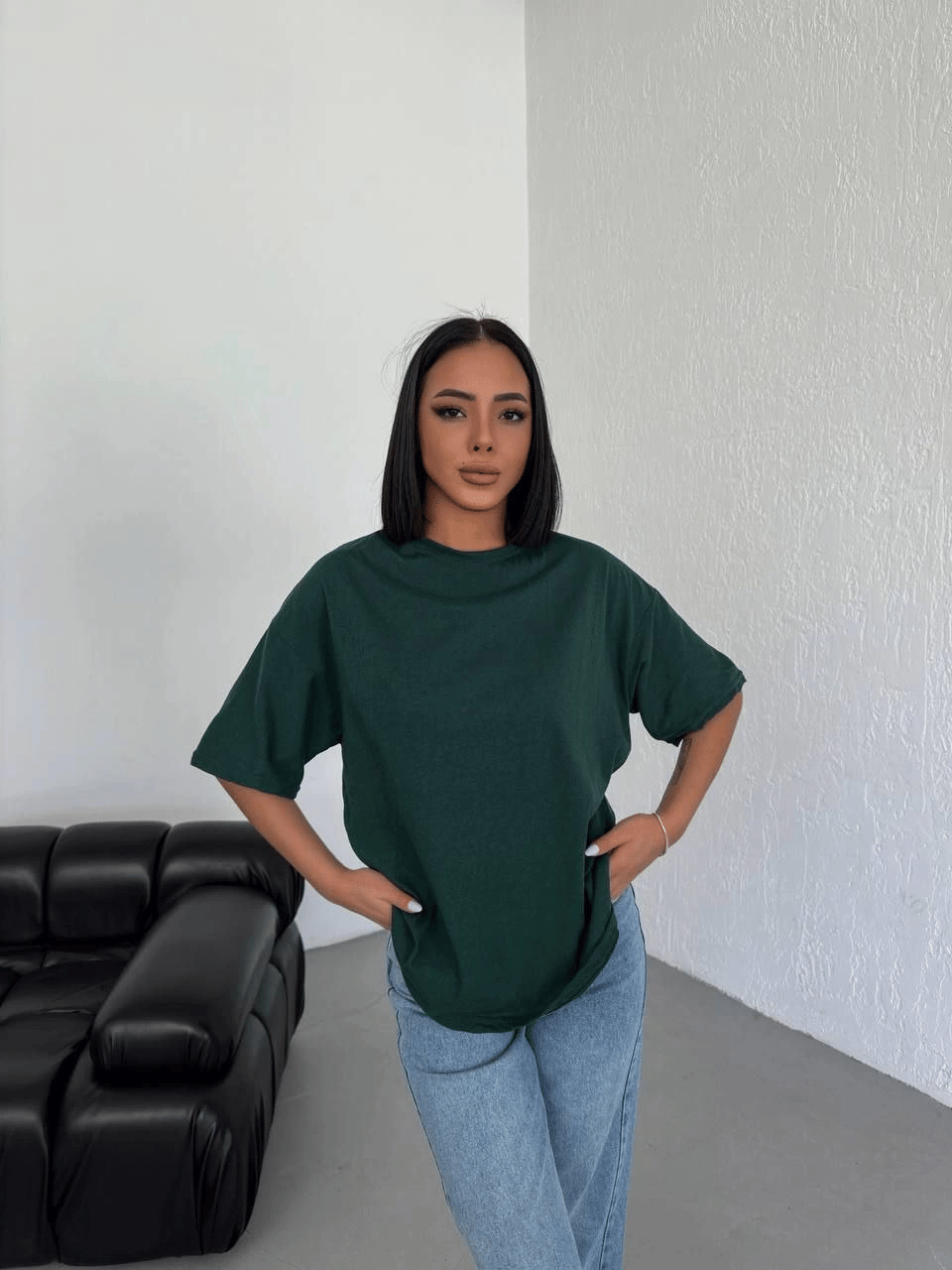Kadın Düz T-Shirt Kısa Kol Bisiklet Yaka Oversize Rahat Kalıp Günlük Tişört - Haki