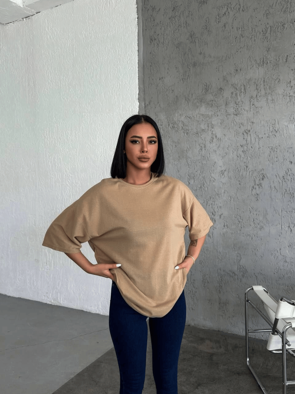 Kadın Düz T-Shirt Kısa Kol Bisiklet Yaka Oversize Rahat Kalıp Günlük Tişört - Bej