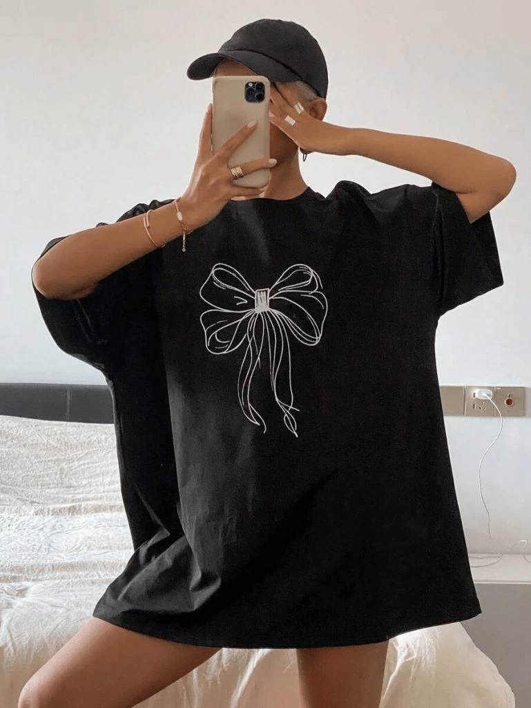 Kadın Fiyonk Baskılı T-Shirt Kısa Kol Bisiklet Yaka Oversize Tişört - Siyah