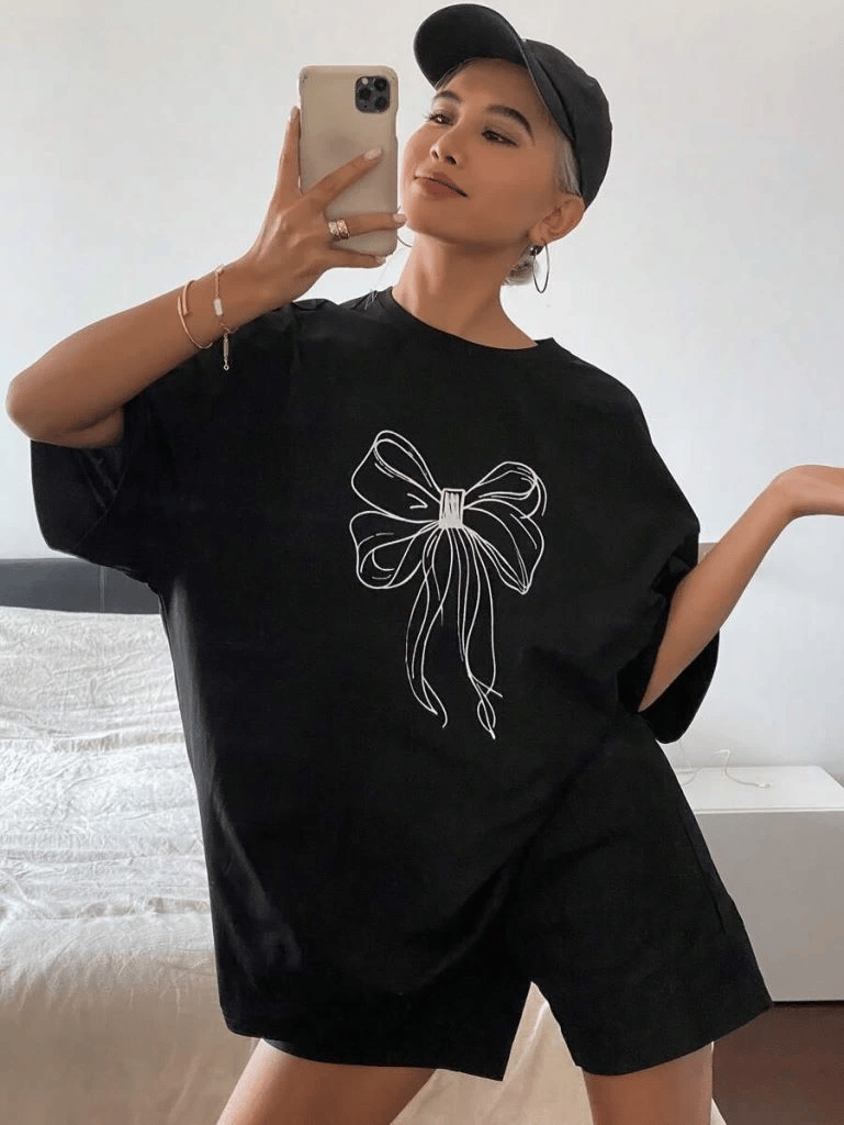 Kadın Fiyonk Baskılı T-Shirt Kısa Kol Bisiklet Yaka Oversize Tişört - Siyah