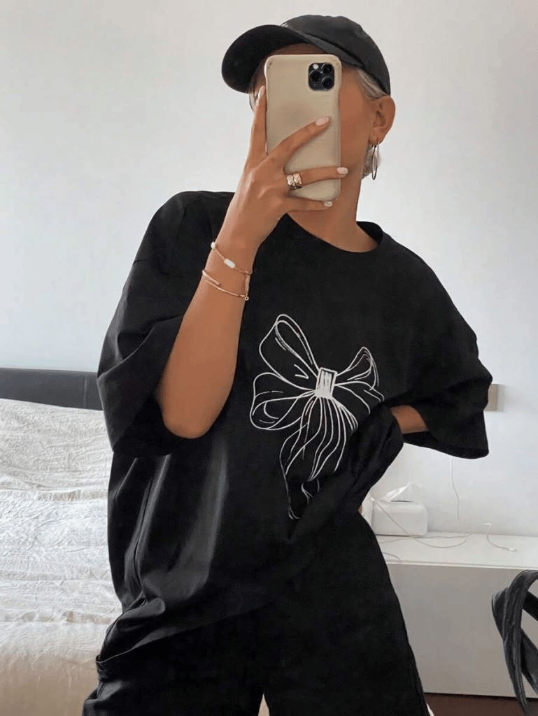 Kadın Fiyonk Baskılı T-Shirt Kısa Kol Bisiklet Yaka Oversize Tişört - Siyah
