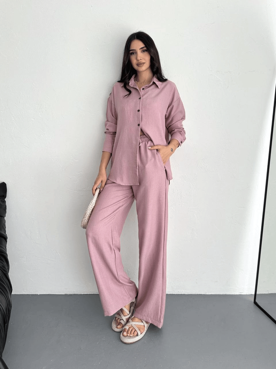Kadın Gömlek Pantolon ikili Alt-Üst Takım - Toz Pembe