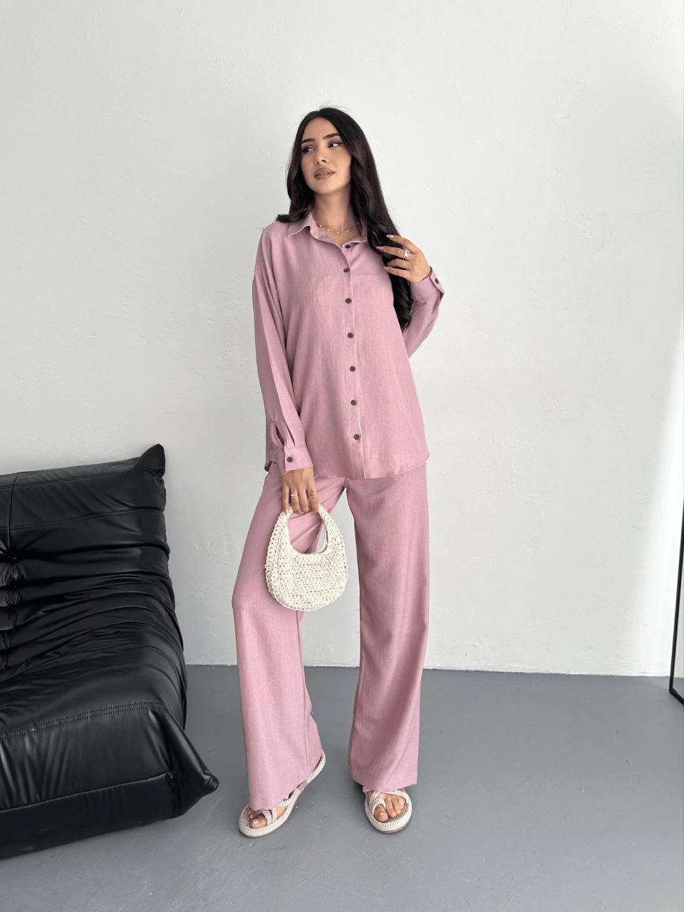 Kadın Gömlek Pantolon ikili Alt-Üst Takım - Toz Pembe