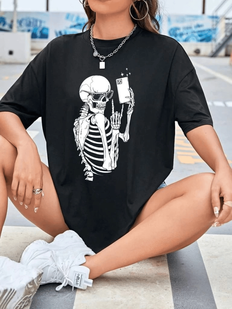 Kadın iskelet Baskılı T-Shirt Kısa Kol Bisiklet Yaka Oversize Tişört - Siyah