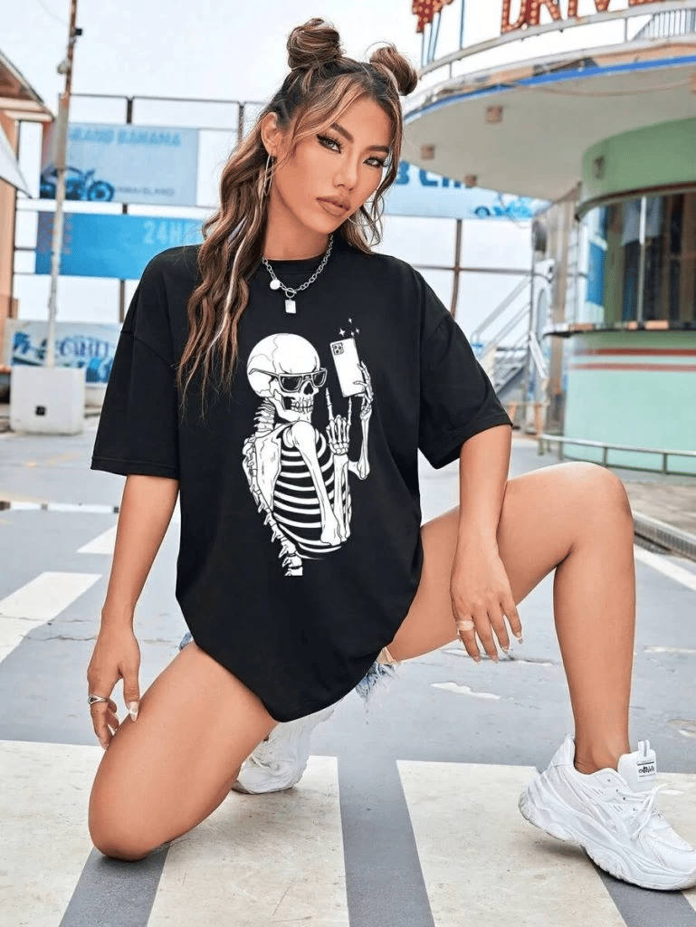 Kadın iskelet Baskılı T-Shirt Kısa Kol Bisiklet Yaka Oversize Tişört - Siyah