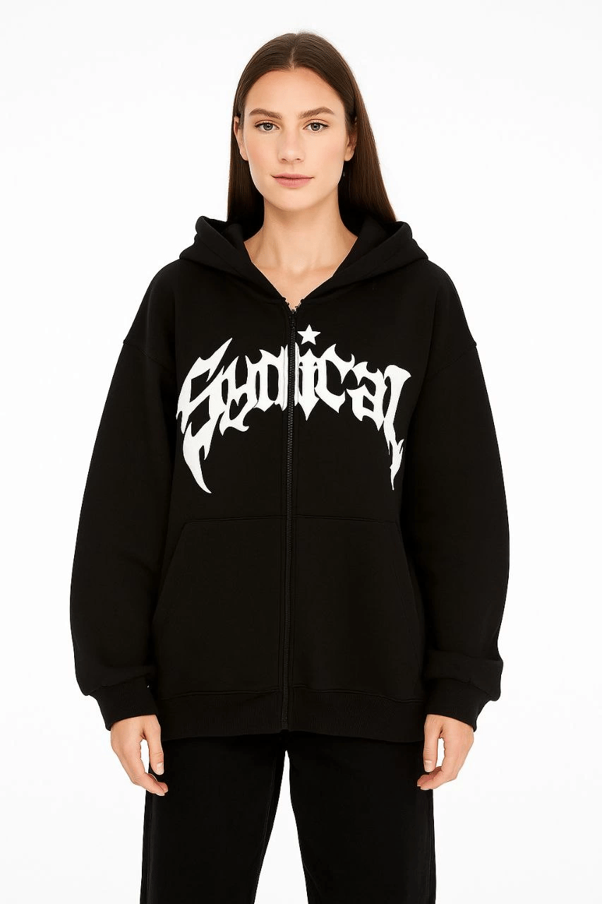 Kadın Kapüşonlu 3 İplik Şardonlu Önü Baskılı Fermuarlı Oversize Sweatshirt - Siyah