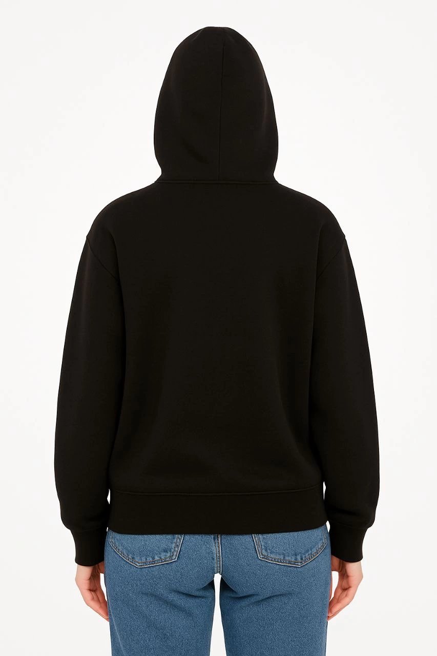 Kadın Kapüşonlu 3 İplik Şardonlu Önü Baskılı Fermuarlı Oversize Sweatshirt - Siyah