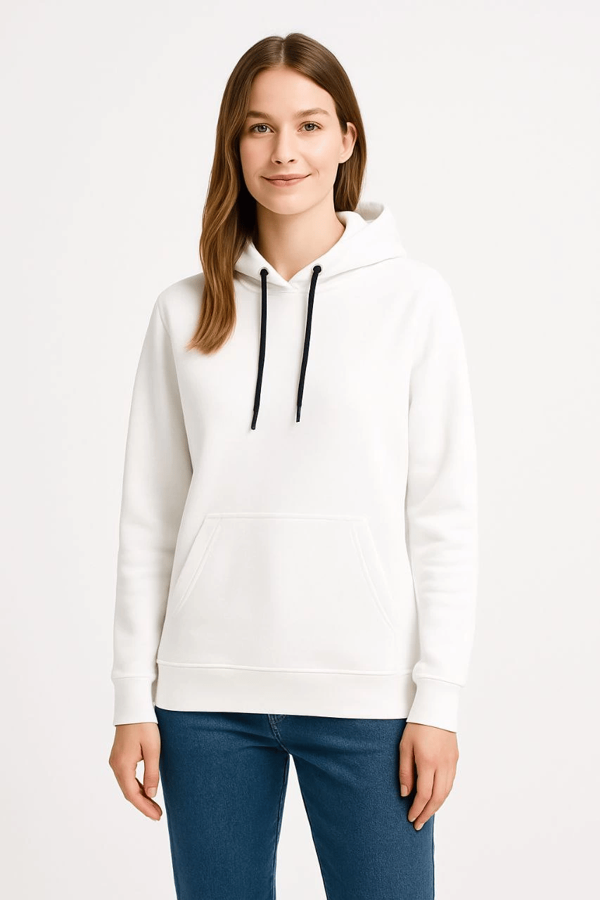 Kadın Kapüşonlu Kanguru Cepli 3 İplik Pamuklu Oversize Hoodie Sweatshirt - Beyaz