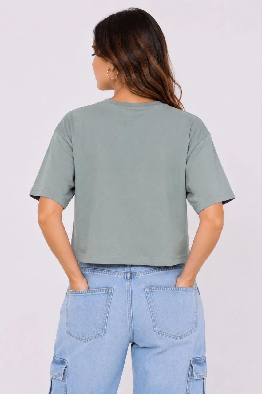 Kadın Kedi Baskılı Oversize Crop Tişört Salaş Basic Yarım Kol T-shirt - Mint Yeşili