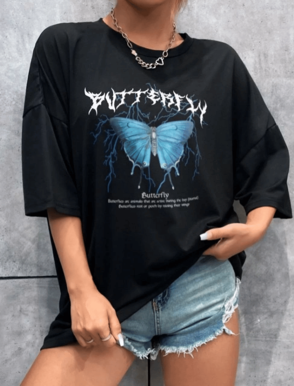 Kadın kelebek Baskılı Oversize kısa kol T-Shirt - Siyah