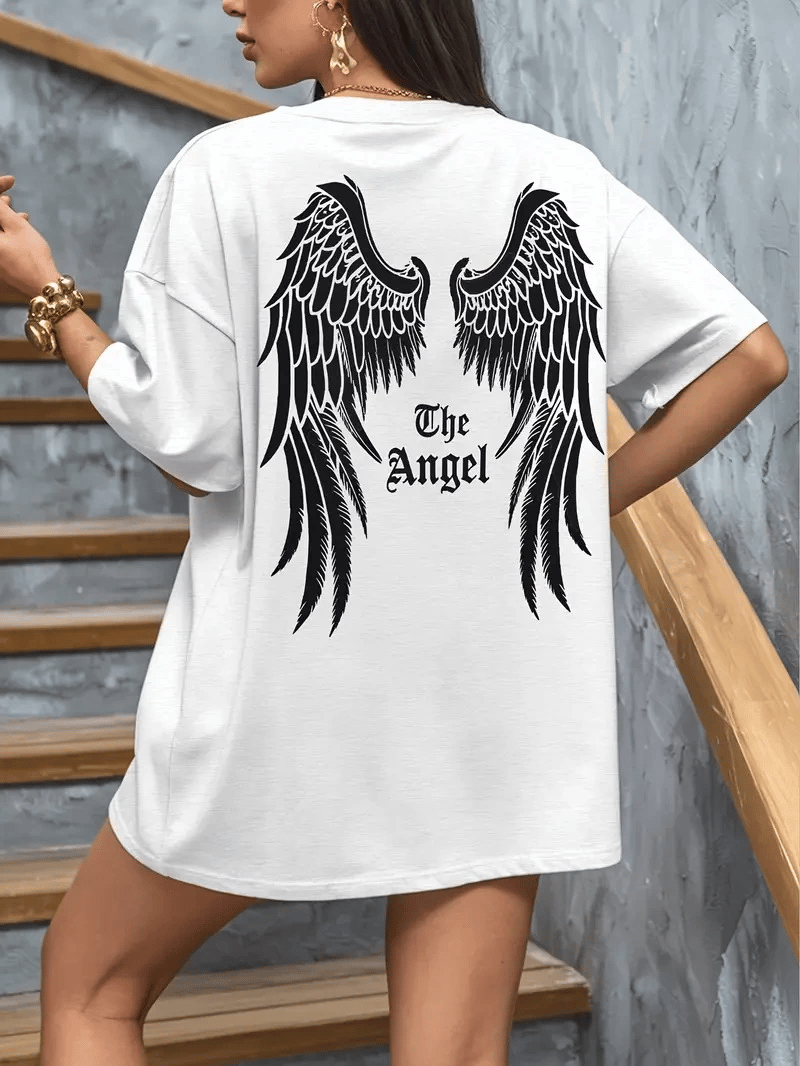 Kadın Kısa Kol Tişört Bisiklet Yaka Angel Melek Kanadı Baskılı T-Shirt - Beyaz