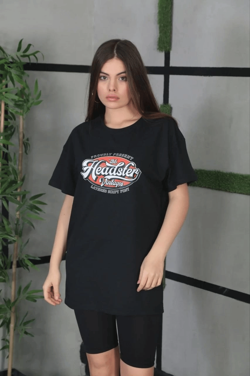 Kadın Kısa Kol Yazlık Tişört Bisiklet Yaka Baskılı Oversize T-Shirt - Siyah
