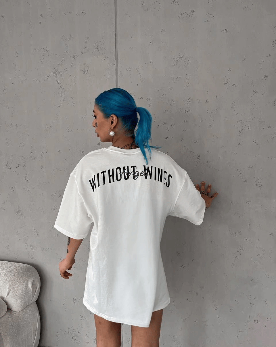 Kadın Kısa Kol Yazlık Tişört Bisiklet Yaka Baskılı Oversize T-Shirt - Beyaz