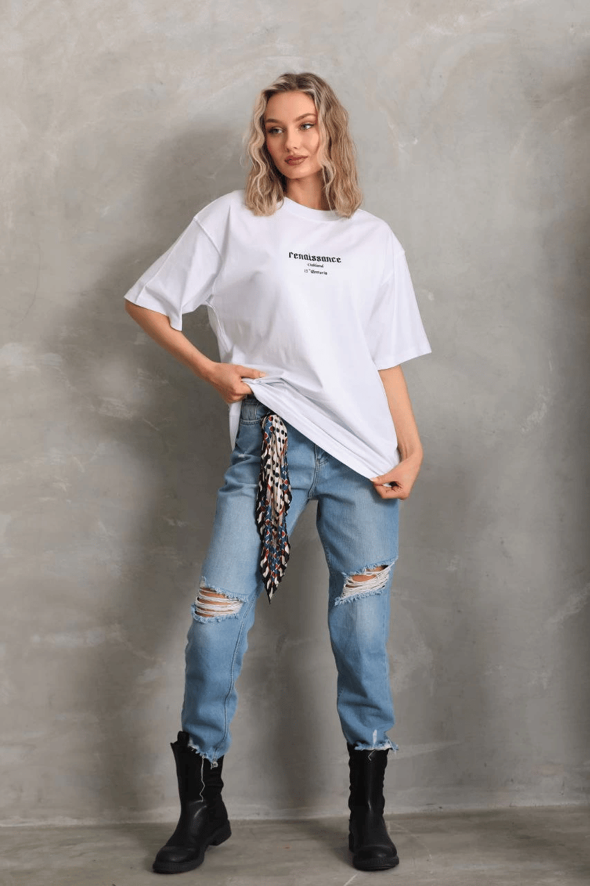 Kadın Kısa Kol Yazlık Tişört Bisiklet Yaka Baskılı Oversize T-Shirt - Beyaz