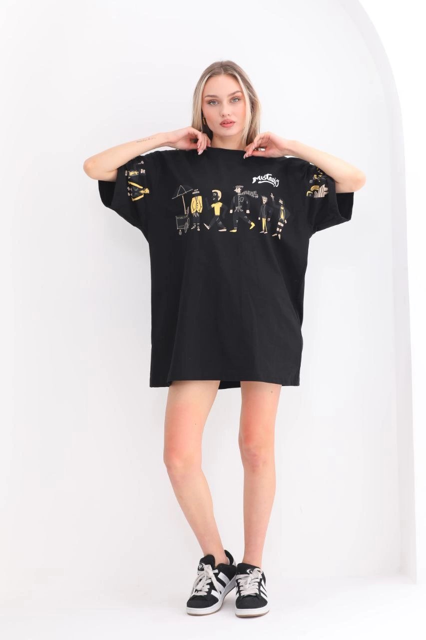 Kadın Kısa Kol Yazlık Tişört Bisiklet Yaka Baskılı Oversize T-Shirt - Siyah