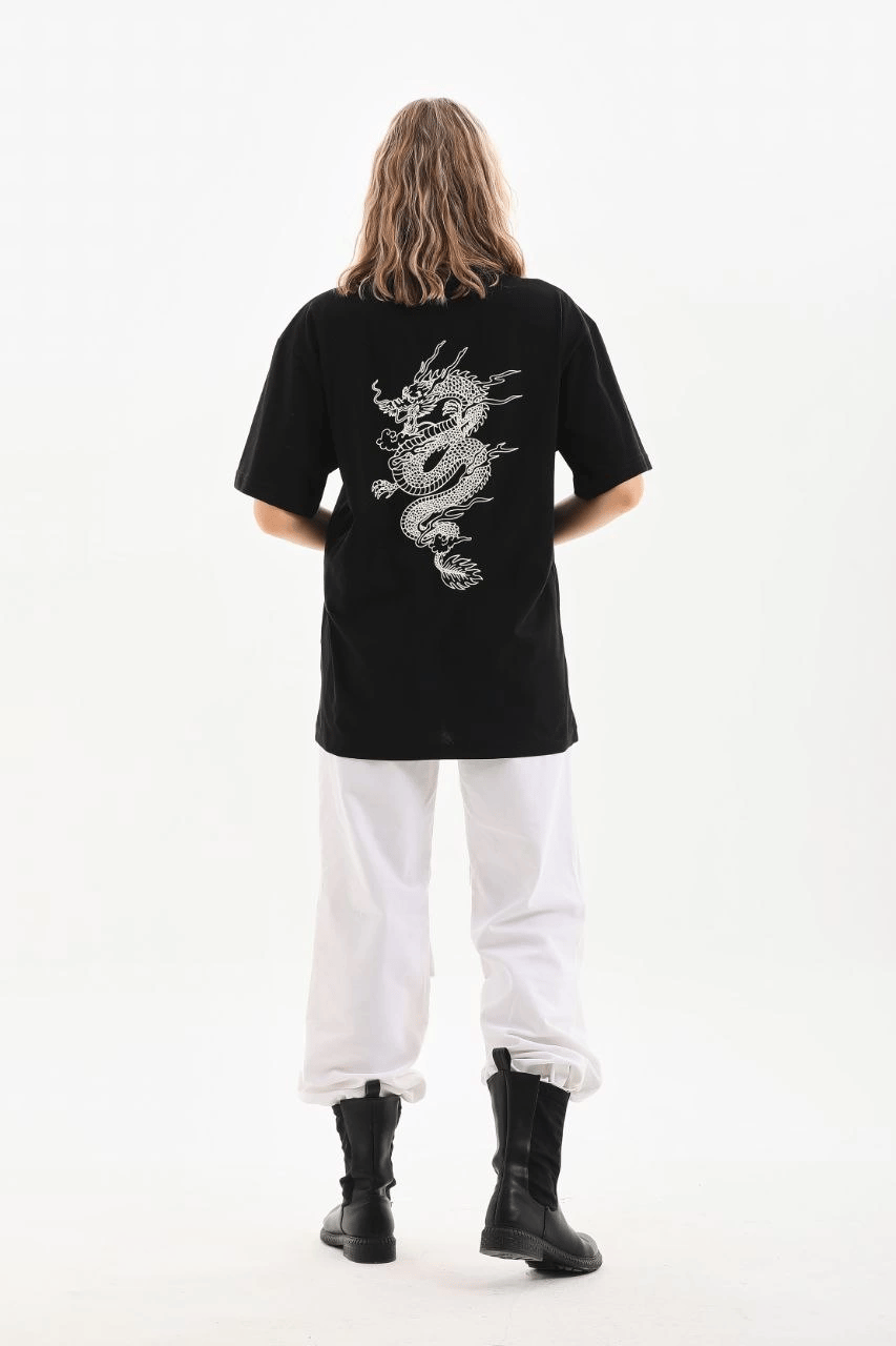 Kadın Kısa Kol Yazlık Tişört Bisiklet Yaka Ejderha Baskılı T-Shirt - Siyah