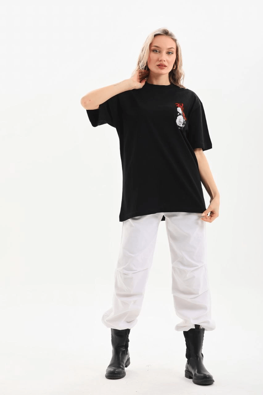 Kadın Kısa Kol Yazlık Tişört Bisiklet Yaka Baskılı Oversize T-Shirt - Siyah