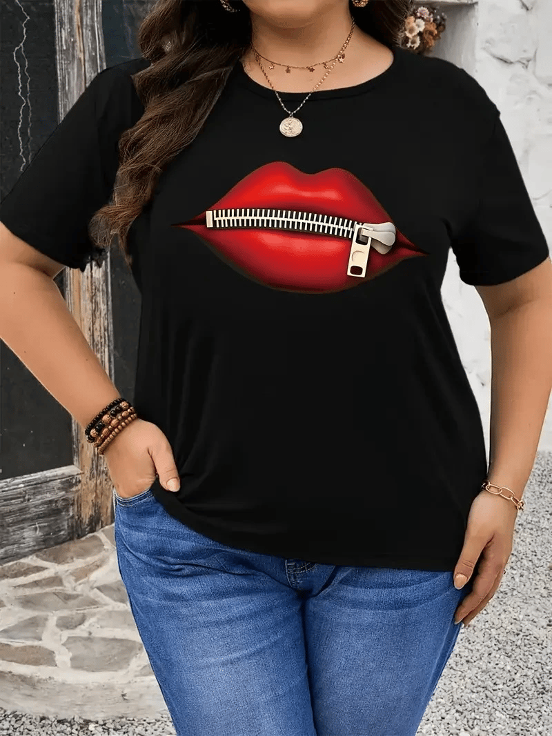 Kadın Kısa Kol Yazlık Tişört Bisiklet Yaka Dudak Baskılı T-Shirt - Siyah
