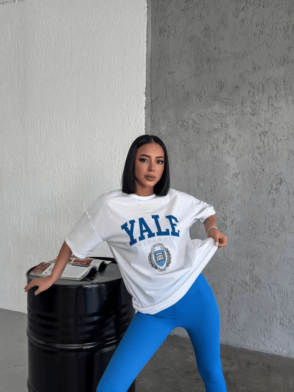 Kadın Kısa Kol Yazlık Tişört Bisiklet Yaka YALE Baskılı T-Shirt - Beyaz