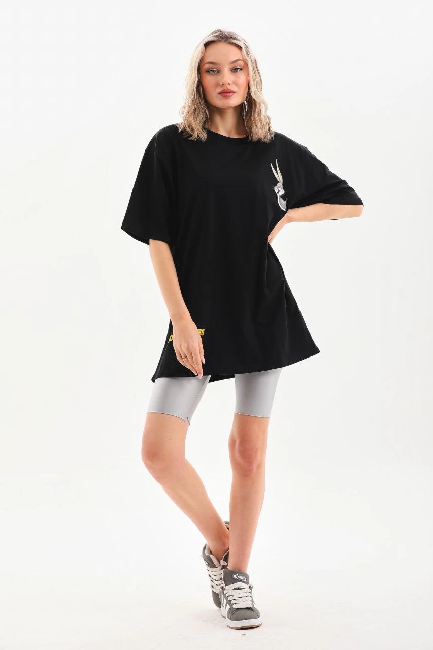 Kadın Kısa Kol Yazlık Tişört Bisiklet Yaka Baskılı Oversize T-Shirt - Siyah