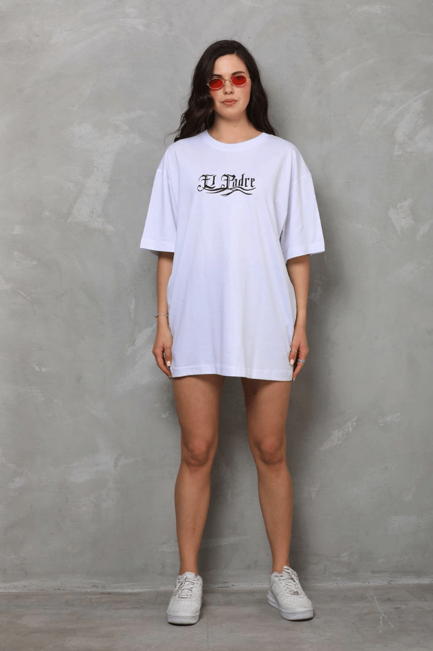 Kadın Kısa Kol Yazlık Tişört Bisiklet Yaka Baskılı Oversize T-Shirt - Beyaz