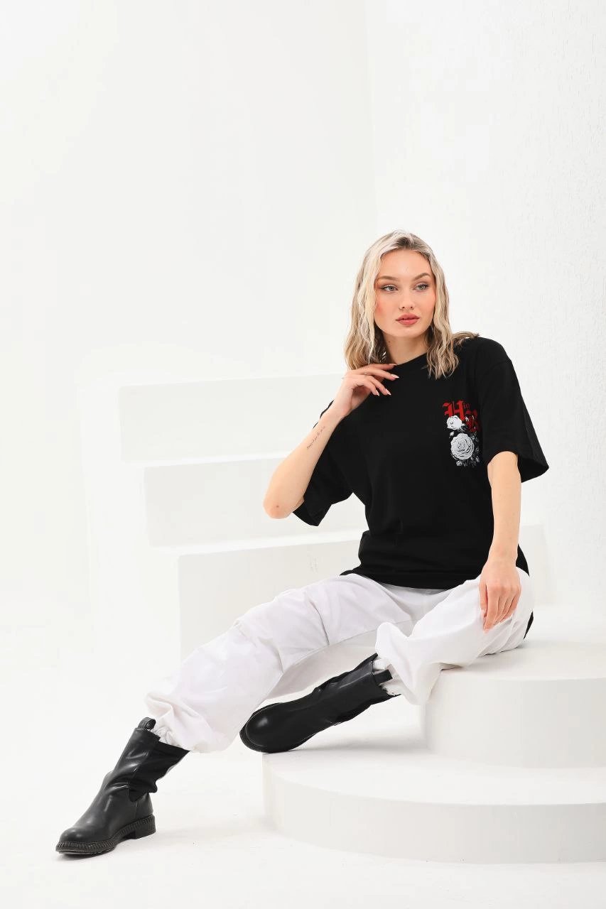 Kadın Kısa Kol Yazlık Tişört Bisiklet Yaka Baskılı Oversize T-Shirt - Siyah