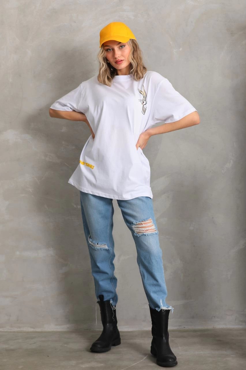 Kadın Kısa Kol Yazlık Tişört Bisiklet Yaka Baskılı Oversize T-Shirt - Beyaz
