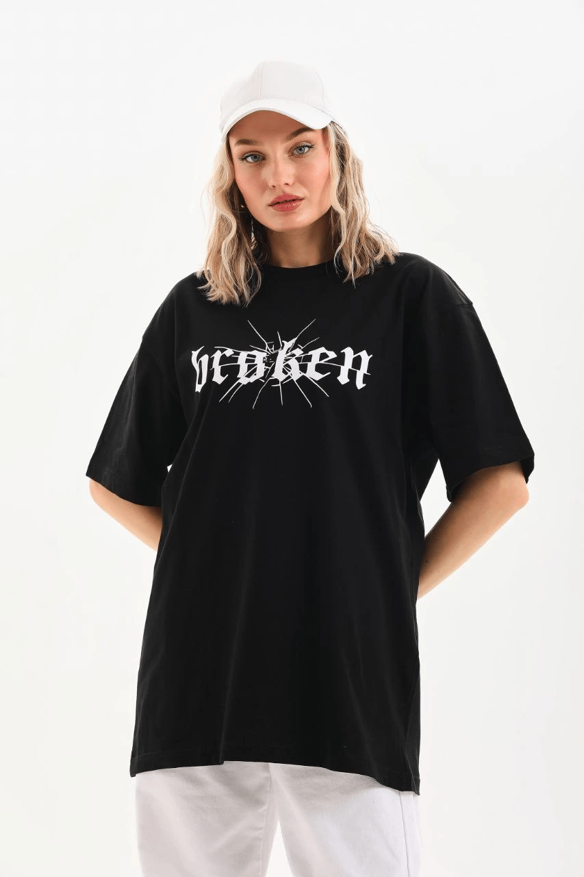 Kadın Kısa Kol Yazlık Tişört Bisiklet Yaka Baskılı Oversize T-Shirt - Siyah